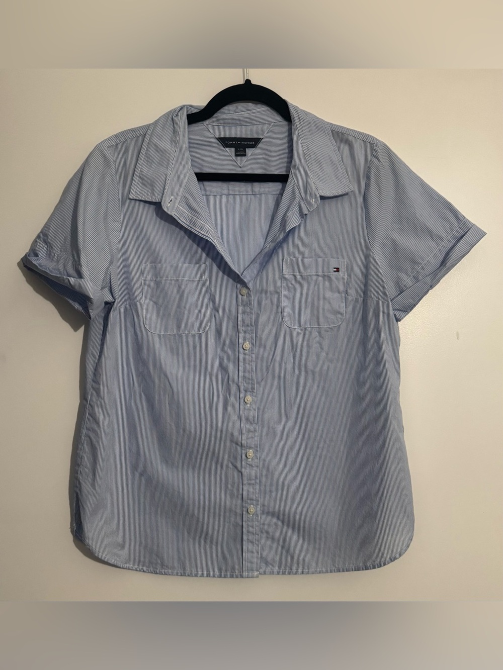 NWOT Tommy Hilfiger Blue White Striped 100% Cotton Button Shirt Blouse Sz Large